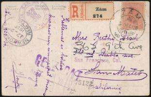 1920 Erdélyi román megszállás ajánlott képeslap román bélyeggel, túlélő "ZÁM" bélyegzéssel és ajánlási ragjeggyel, aradi cenzúrával San Franciscóba küldve