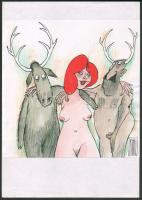 Rau Tibor (1934-2009): Vadászat (erotikus karikatúra, cím nélkül). Tus, akvarell, papír, jelzett. Papírra kasírozva. 21x21 cm