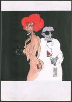 Rau Tibor (1934-2009): Piros-fehér-zöld (erotikus karikatúra, cím nélkül). Tus, akvarell, papír, jelzett. Papírra kasírozva. 21x21 cm