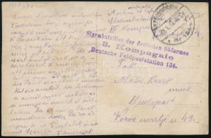 1917 Képeslap magyar pilótákról egy német rohamcsoportban szolgáló magyar tiszt által Budapestre küldve, "Sturmbataillon der deutschen Südarmee / 3. Kompagnie / Deutsche Feldpoststation 134."