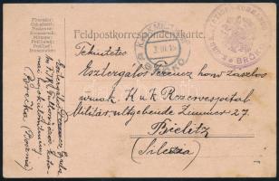 1915 Tábori posta levelezőlap Sziléziai tartalékkórháznak címezve / Field postcard addressed to a reserve hospital in Bielitz, Silesia "K.u.K. MILITARPOST / BRč KO" , "K.u.K. STATIONS-KOMMANDO / BRčKO"