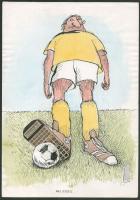 Rau Tibor (1934-2009): Mai stopli (futball témájú karikatúra). Tus, akvarell, kollázs, papír, jelzett. 30x21 cm