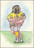 Rau Tibor (1934-2009): Idegenlégiós (futball témájú karikatúra). Tus, akvarell, kollázs, papír, jelzett. 30x21 cm