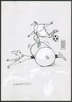 Rau Tibor (1934-2009): Lehengerlő játék (futball témájú karikatúra). Tus, fedőfehér, papír, jelzett. 30x21 cm