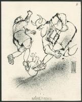 Rau Tibor (1934-2009): Német-foci (futball témájú karikatúra). Tus, fedőfehér, papír, jelzett. 25x20 cm