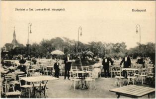 Budapest II. Szent Lukács fürdő kioszkja, kert pincérekkel