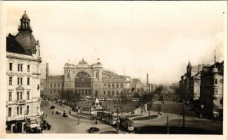 Budapest VII. Keleti pályaudvar, vasútállomás, villamosok, Takarékpénztári egyesület, patika, Park Hotel szálloda, Baross szobor