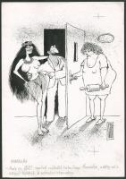 Rau Tibor (1934-2009): Nyaralás (erotikus karikatúra). Tus, fedőfehér, papír, jelzett. Hátoldalán Ludas Hírlap felirattaL. 29,5x21 cm