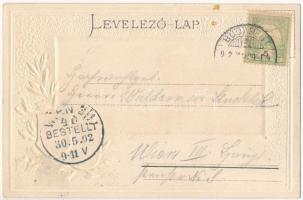 1902 Budapest, Lánchíd. Magyar címeres dombornyomott litho keret / Emb. litho frame with Hungarian c...