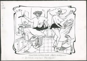 Rau Tibor (1934-2009): Félmeztelen fodrászlányok vágják vendégeiket (erotikus karikatúra). Tus, fedőfehér, papír, jelzett. 22,5x32 cm