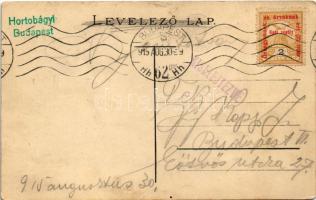 1915 Budapest, látkép Budáról a Dunával. Szecessziós magyar zászlós és címeres keret, Art Nouveau (E...