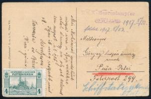 1917 Tábori posta képeslap levélzáróval egy huszárőrnagynak küldve Petrire / Field postcard with label to Petri "K.u.K. Heeresdampfer / Wien"