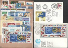 Kis Európa motívum tétel, benne sorok, önálló bélyegek, díjjegyesek, alkalmi bélyegzések, Együttműködési Értekezlet blokk FDC-n