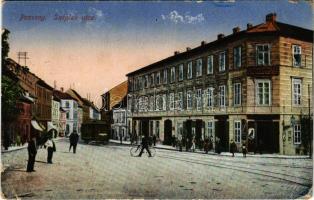 1916 Pozsony, Pressburg, Bratislava; Széplak utca, villamos, Paternos Viktória féle elemi és polgári leány iskola, Schönbeck Ferenc üzlete / street, tram, shops, private girl school (Rb)