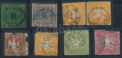 Német államok Württemberg 1851-től Mi 3, 4, 12 (2 db papírelvékonyodás / thin paper) + Mi 28, 29 (foghibák / perf. faults) + Mi 30, 31