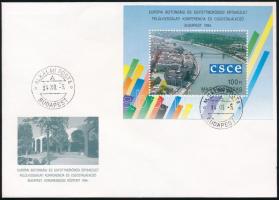 1994 Európai Biztonsági és Együttműködési Értekezlet Felülvizsgálati Konferencia és Csúcstalálkozó blokk FDC-n, Bill Clinton amerikai elnök látogatásának napjával egybeeső bélyegzéssel