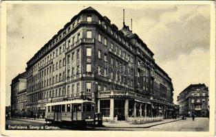 Pozsony, Pressburg, Bratislava; Savoy a Carlton, café / Savoy és Carlton szálloda, kávézó, villamos, Bocek &amp; Valentik Foto / hotels, café, shops, tram (EK)
