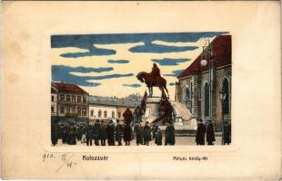 1910 Kolozsvár, Cluj; Mátyás király tér, üzletek / square, monument, shops (EB)