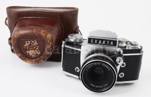 Ihagee Exakta Varex IIa fényképezőgép, Tessar 2,8/50mm objektívvel, kopott bőr tokban.