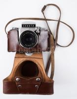 Ihagee Exakta Varex IIa fényképezőgép, Tessar 2,8/50mm objektívvel, kopott bőr tokban