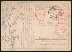 1945 "Magyar Vöröskereszt Központi Tudósító Iroda Passau", képeslap több tiszt aláírásával