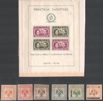 Mirdities 6 db bélyeg + albán blokk (saroktörés, ráncok, rozsda / folded corner, creases, stain)