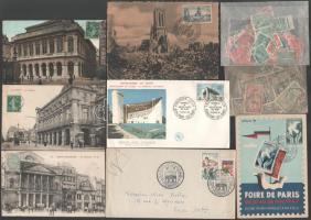 Francia összeállítás: 14 db háború előtti képeslap, 9 db háború utáni első napi, 1848-tól bélyegek, 2 zacskó ömlesztett forgalmi / French small lot