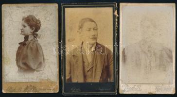 cca 1900 Műtermi portrék, 3 db keményhátú fotó nagyváradi műtermekből, megviselt állapotban, 10,5×6,5 cm