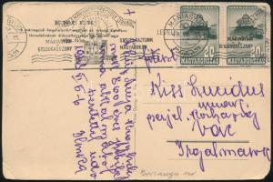 1948 Képeslap 2 db repülő 20f bélyeggel "MÁRIAGYÜD KEGYHELY" alkalmi bélyegzésekkel