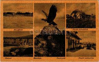 1942 Bánhida (Tatabánya), Strandfürdő, Tóparti halászcsárda, kabinok, Tóparti weekend-ház, Turul emlékmű. Bognár József felvételei, Aigner Lajos kiadása (EK)