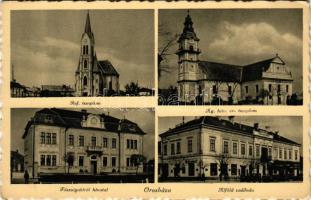 Orosháza, református templom, ágostai hitvallású evangélikus templom, Főszolgabírói Hivatal, Alföld szálloda. Aigner Lajos kiadása