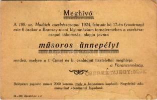 1924 Meghívó a 199. sz. Madách cserkészcsapat műsoros ünnepélyére, címzett a báró Eötvös Collégium Orly cserkészcsapata / invitation to a Hungarian scout ball (b)