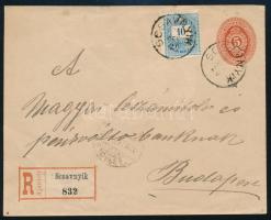 1892 5kr díjjegyes levél Színesszámú 10kr díjkiegészítéssel / 5k PS-cover with 10kr additional franking"SCSAVNYIK" (Gudlin 200 p)