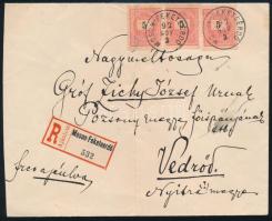 1892 3 x 5kr ajánlott levélen / on registered cover "MOSON-FEKETEERDŐ" - Vedrőd (hajtott / folded)