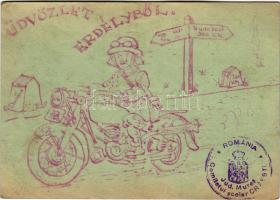 Üdvözlet Erdélyből! Egyedi, kézzel rajzolt második világháborús tábori postai levelezőlap, katona motoron / Greetings from Transylvania, hand-drawn WWII Hungarian military field postcard, soldier on motorcycle + "TÁBORI POSTAHIVATAL 41" (apró szakadás / tiny tear)