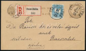1897 2kr díjjegyes ajánlott levelezőlap 10kr díjkiegészítéssel / Registered 2kr PS-card with 10kr additional franking "FELSŐ-BÁTKA" - Rimaszombat (Gudlin 100 p)