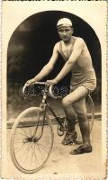 Szelecz Ferenc (?) kerékpárral. Páyer Zoltán felvétele / man with bicycle. photo (ragasztónyom / glue mark)