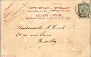 1905 Krampusz pénzérmékkel (1 cent), dombornyomott művészlap. H. M. Dobrecourt / Krampuss with coins...