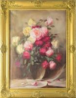 Olvashatatlan jelzéssel: Csendélet. Olaj, vászon. Hátoldalán Képcsarnok Vállalat töredékes címkéjével. Dekoratív fakeretben. 80x60 cm.