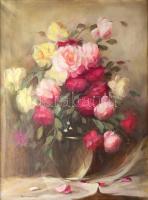 Olvashatatlan jelzéssel: Csendélet. Olaj, vászon. Hátoldalán Képcsarnok Vállalat töredékes címkéjéve...