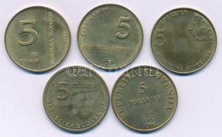 Szlovénia 1994-1997. 5T Ni-sárgaréz 5xklf emlékkiadások: "Abraham püspök - Freisingi kéziratok" + "Az olimpia centenáriuma" + "Szlovénia első vasútja" + "Szlovén Pénzügyi Intézet" + "Žiga Zois születésének 250. évfordulója" T:AU,XF Slovenia 1994-1997. 5 Tolarjev Ni-brass 5xdiff circulating commemorative issue: "Bishop Abraham - Freising Manuscripts" + "Olympics centennial" + "First railway in Slovenia" + "Monetary Institute of Slovenia" + "250th Birthday of Žiga Zois" C:AU,XF