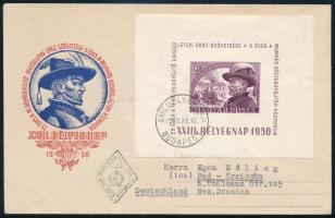 1950 Bélyegnap blokk FDC-n Németországba / Mi block 19 on FDC to Germany