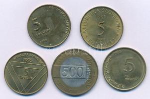 Szlovénia 1993-1996. 5T Ni-sárgaréz 4xklf emlékkiadások: "Aljaž torony" + "A fasizmus legyőzése" + "A függetlenség 5. évfordulója" + "Sisek-i csata" + 2002. 500T "Labdarúgó-világbajnokság" T:AU,XF Slovenia 1993-1996. 5 Tolarjev Ni-brass 4xdiff circulating commemorative issue: "Aljaž turret" + "Defeat of Fascism" + "5th anniversary of Independence" + "Battle of Sisek" + 2002. 500 Tolarjev "Soccer World Championship" C:AU,XF