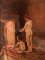Szokol Vilibáld (1888-?), Paul Peel után: Kandalló előtt melegedő gyerekek. Olaj, vászon. Jelzett. Dekoratív fakeretben. 60x46 cm.