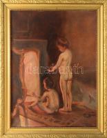 Szokol Vilibáld (1888-?), Paul Peel után: Kandalló előtt melegedő gyerekek. Olaj, vászon. Jelzett. D...