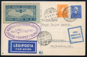 1934 Légi levelezőlap levélzáróval és "MISKOLC-DEBRECEN ELSŐ FORGALMI LÉGIPOSTAJÁRATTAL / BUDAPEST" alkalmi bélyegzéssel / Airmail postcard