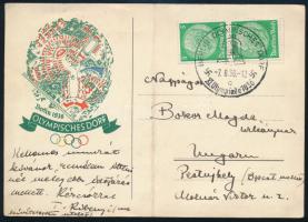 1936 Levelezőlap berlini olimpiai alkalmi bélyegzéssel / Postcard with special postmark "BERLIN OLYMPISCHES DORF"