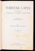 1932 Turisták Lapja. Folyóirat a turistaság és honismeret terjesztésére. Szerk.: Peitler Gyula. XLIV. évfolyam. [Egybekötve]. Bp., 1932, Magyar Turista Egyesület ("Élet"-ny.), 4 sztl. lev.+ 344+LIV p. Fekete-fehér képekkel illusztrálva. Félvászon-kötésben, kissé viseltes borítóval és gerinccel, helyenként foltos lapokkal, a címlapon hiánnyal.