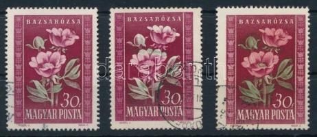 1950 Virág (I.) 30f eltolódott zöld és rózsaszín színnyomattal, illetve különböző színárnyalatban