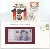 4db vegyes érmés és bankjegyes boríték tétel, benne: NDK-NSZK 1M (2xklf) "Német Monetáris Unió" felbélyegzett borítékban, alkalmi bélyegzéssel + Izrael 1978. 1Sh + Mexikó 1973. 50P + Bolívia 1962. 10B, mindhárom felbélyegzett "Banknkotes of All Nations" borítékban, bélyegzéssel